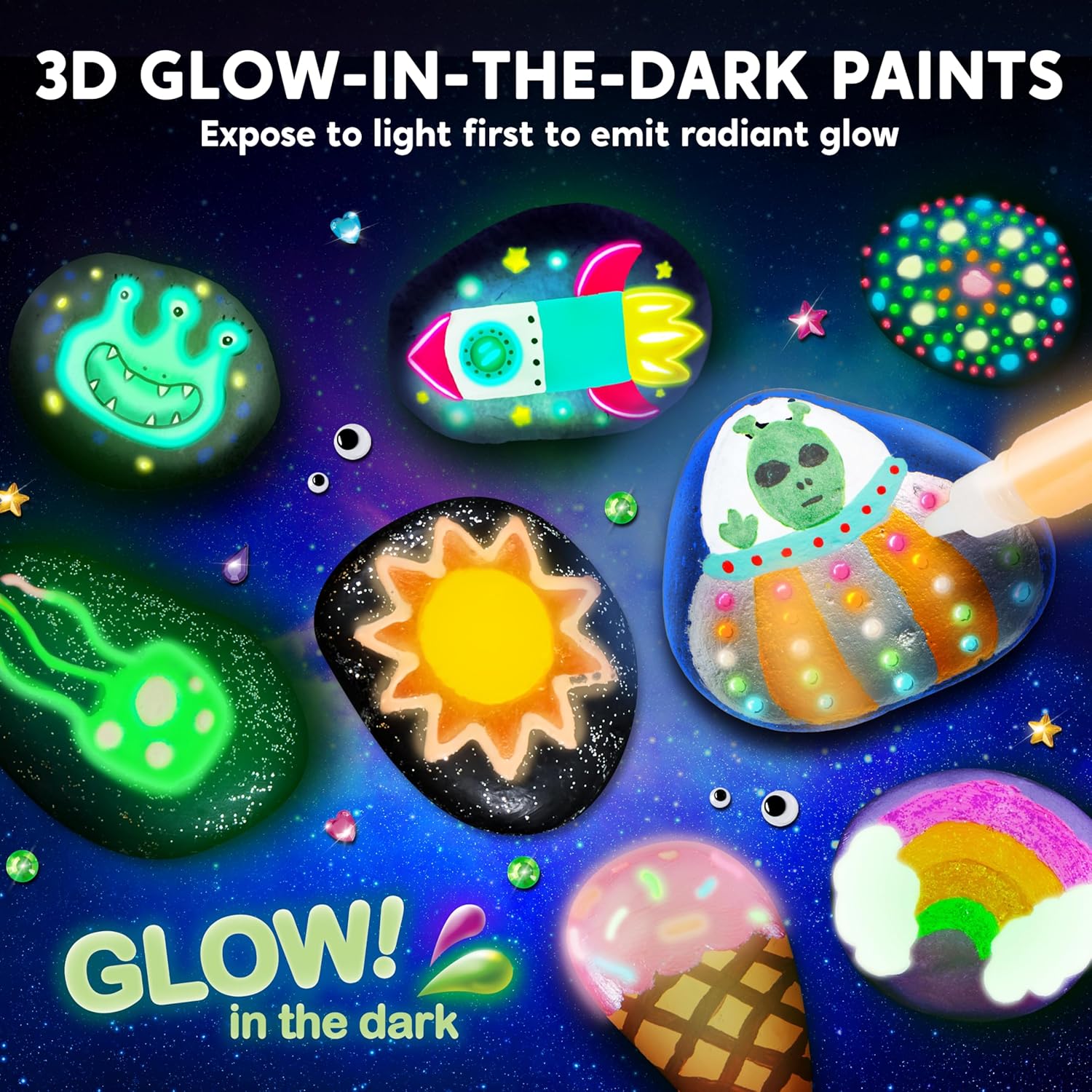 Rock Painting Kit- Glow in The Dark Rock Kit, Arts and Crafts for Kids Ages 6-12, Art Supplies Toy , Kids Craft Paint Kits, Arts & Crafts for Boys Girls Birthday Party Gift Toy